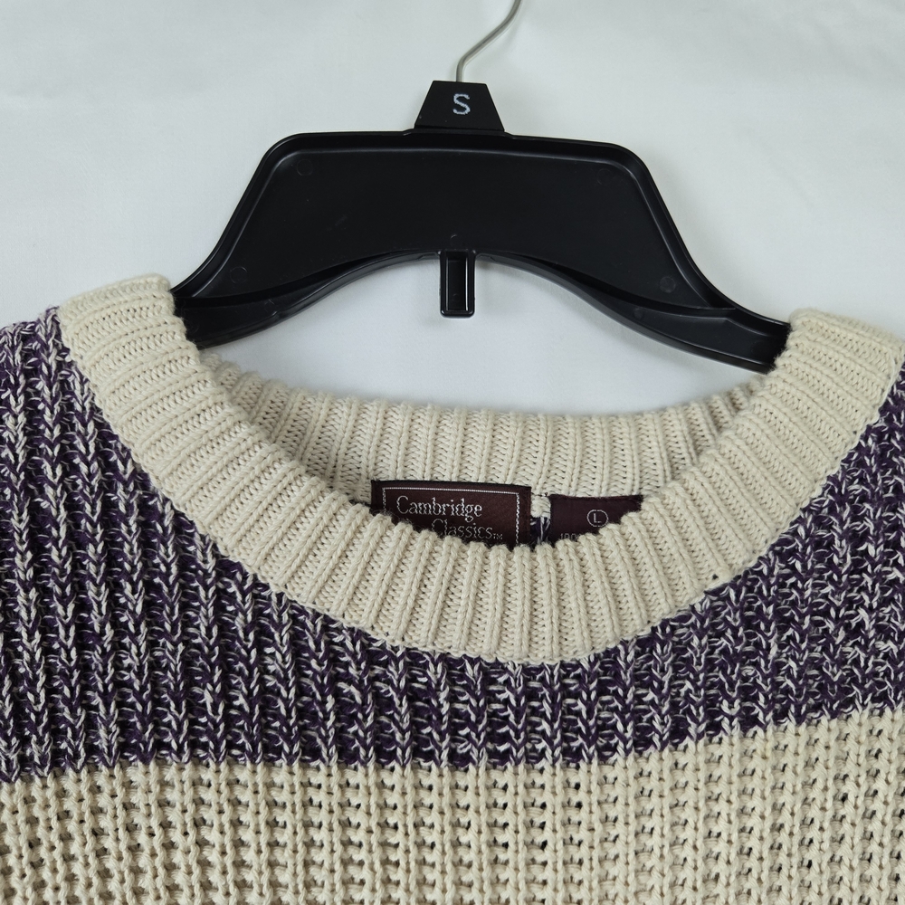 Cambridge Classics Mervyn's Vtg Men's Purple Ivory Striped Cable‎ Knit Sweater L - Picture 2 of 6